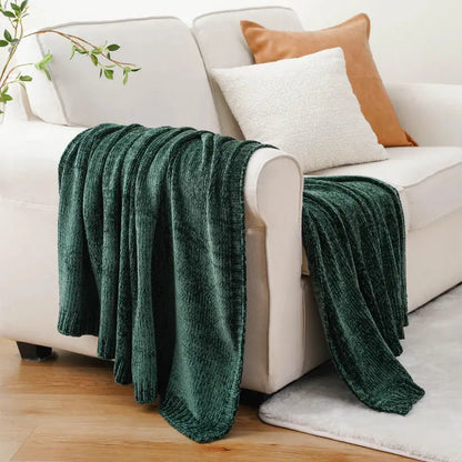 Textured Chenille Knit Throw Blanket-dark green