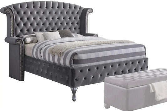 Elegant Gray Velvet Queen Bed – Luxurious Upholstered Frame for a Sophisticated Bedroom Jade