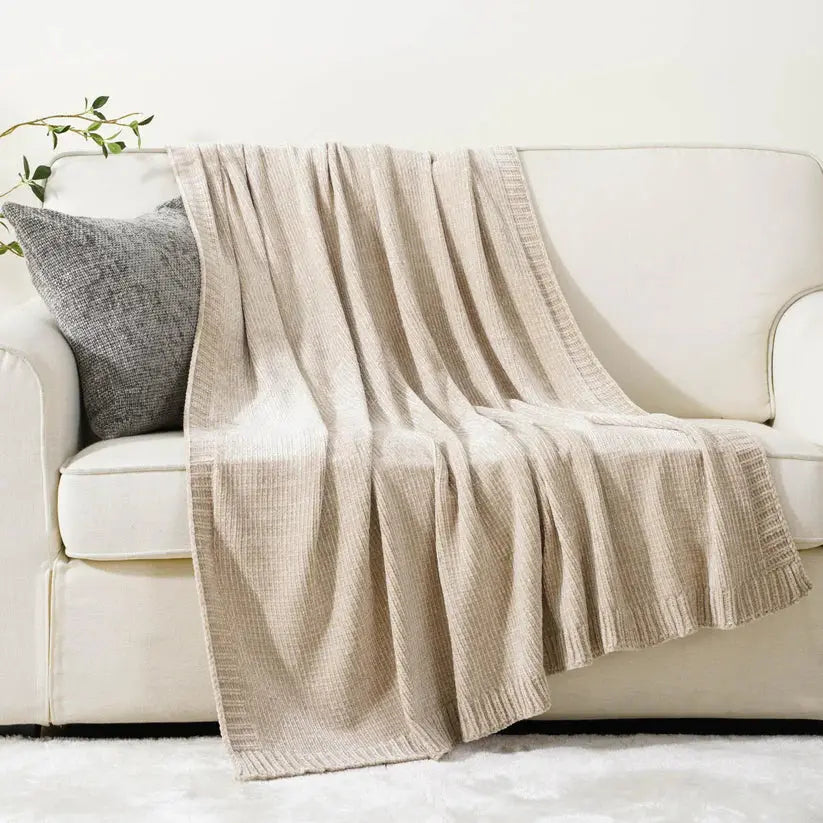 Textured Chenille Knit Throw Blanket-creme