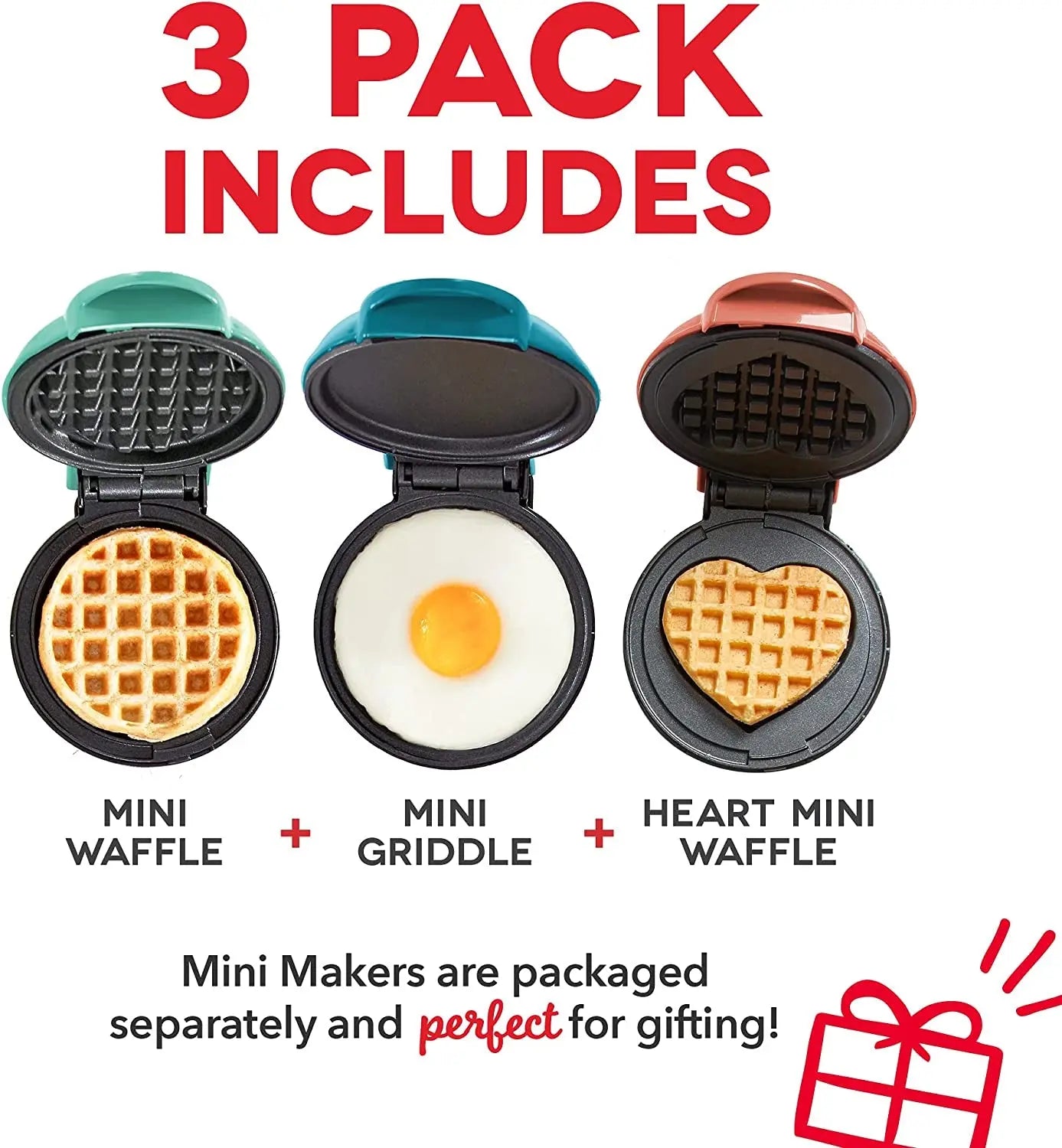 DASH Mini Maker 3-Pack Gift Set, Mini Waffle Maker + Mini Heart-Shaped Waffle Maker + Mini Maker Griddle