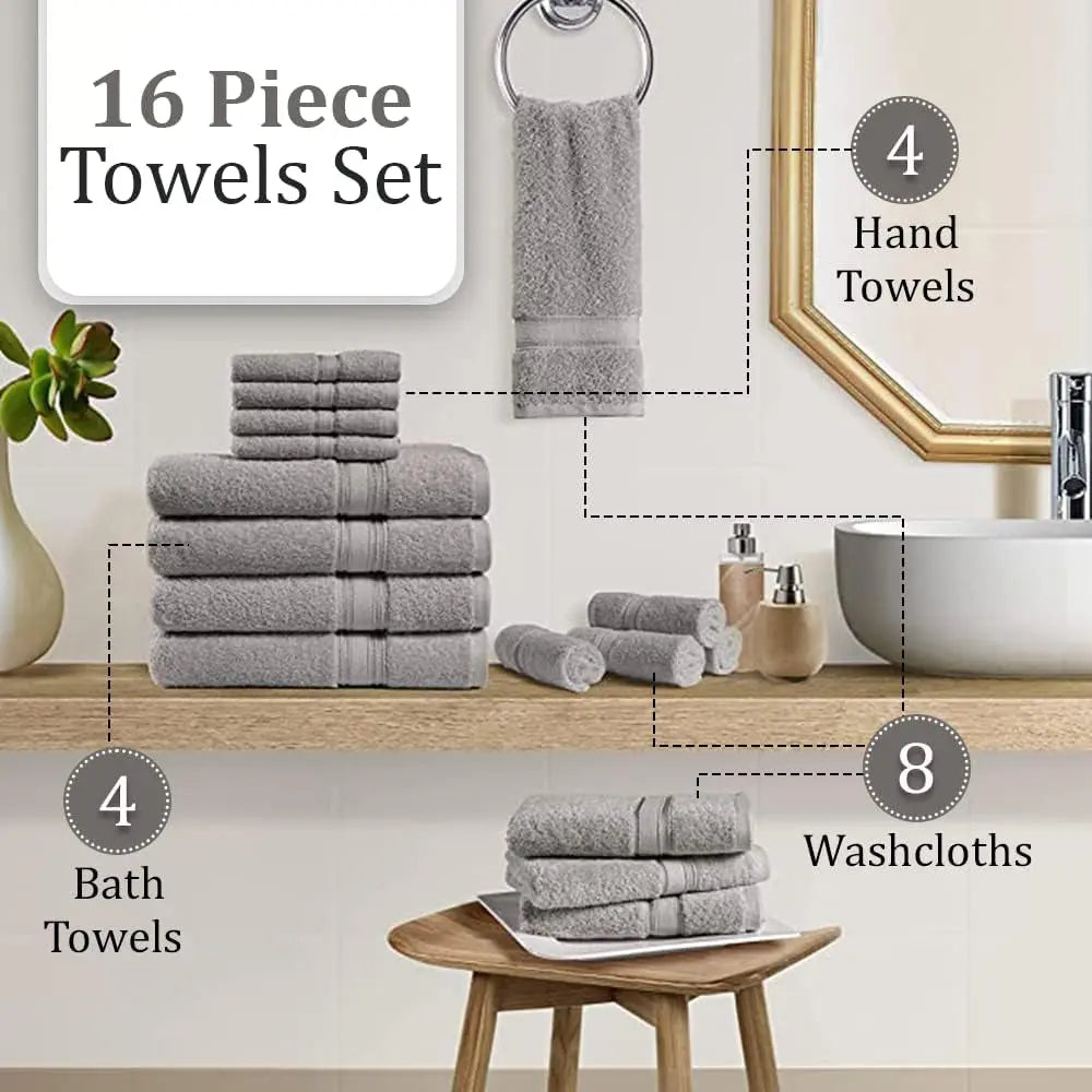 Chateau Home Luxurious 16 Piece Bath Towels Sets, (4 Bath Towels, 4 Hand Towels, 8 Wash Cloths) Low Lint, Bathroom Towel Sets 600 GSM, Durable, Highly Absorbent, Extra Large Bath Towels -Light Grey