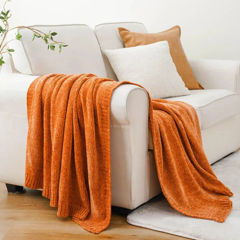 Textured Chenille Knit Throw Blanket-orange