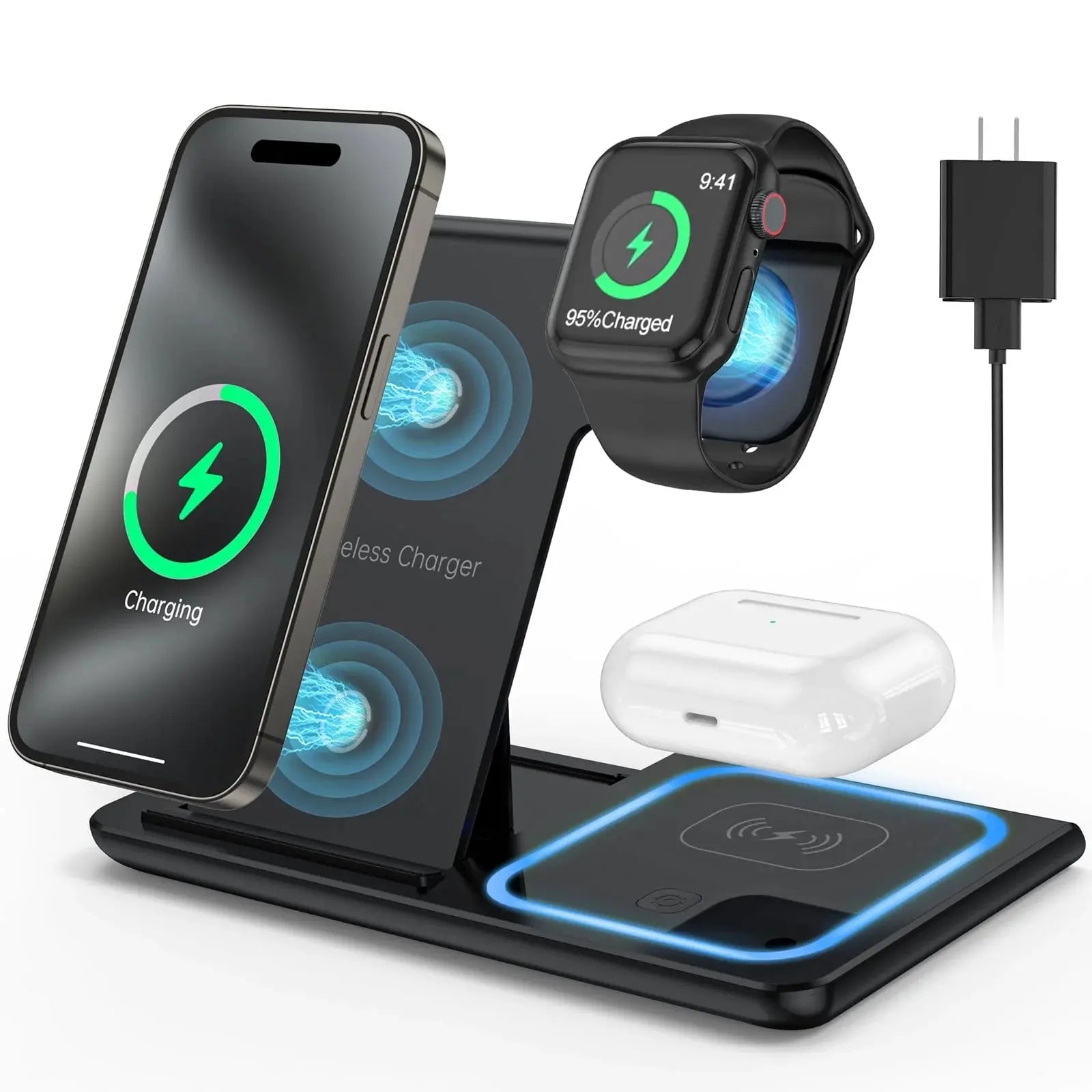 "Ultimate 3-in-1 Wireless Charging Station: 18W Fast Charger for iPhone 16/15/14/13/12/11 Pro Max, Apple Watch Series SE 10/9/8/7/6/5/4/3, AirPods Pro/3/2 - Includes QC3.0 Adapter!"