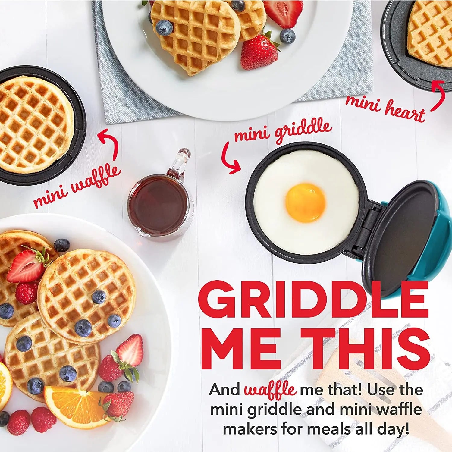 DASH Mini Maker 3-Pack Gift Set, Mini Waffle Maker + Mini Heart-Shaped Waffle Maker + Mini Maker Griddle