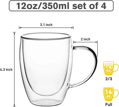 COMOOO Double Walled Glass Coffee Mugs Glass Mug with Handles Double Wall Cappuccino Cups, 12Oz of Set 4 Coffee Tea Mugs, Clear Glasses with Handle