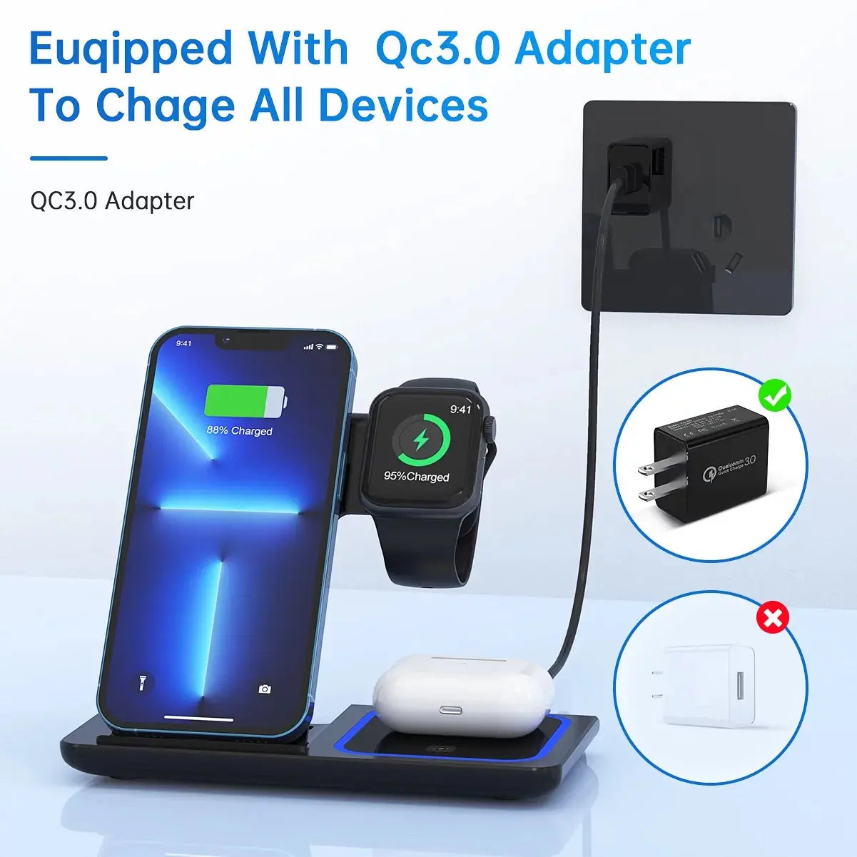 "Ultimate 3-in-1 Wireless Charging Station: 18W Fast Charger for iPhone 16/15/14/13/12/11 Pro Max, Apple Watch Series SE 10/9/8/7/6/5/4/3, AirPods Pro/3/2 - Includes QC3.0 Adapter!"