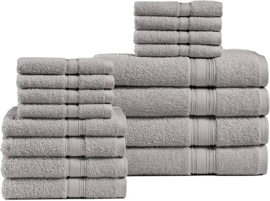 Chateau Home Luxurious 16 Piece Bath Towels Sets, (4 Bath Towels, 4 Hand Towels, 8 Wash Cloths) Low Lint, Bathroom Towel Sets 600 GSM, Durable, Highly Absorbent, Extra Large Bath Towels -Light Grey