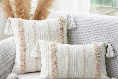 Tranquil Textures: Neutral Woven Tassel Cushion Cover Copper Pallas