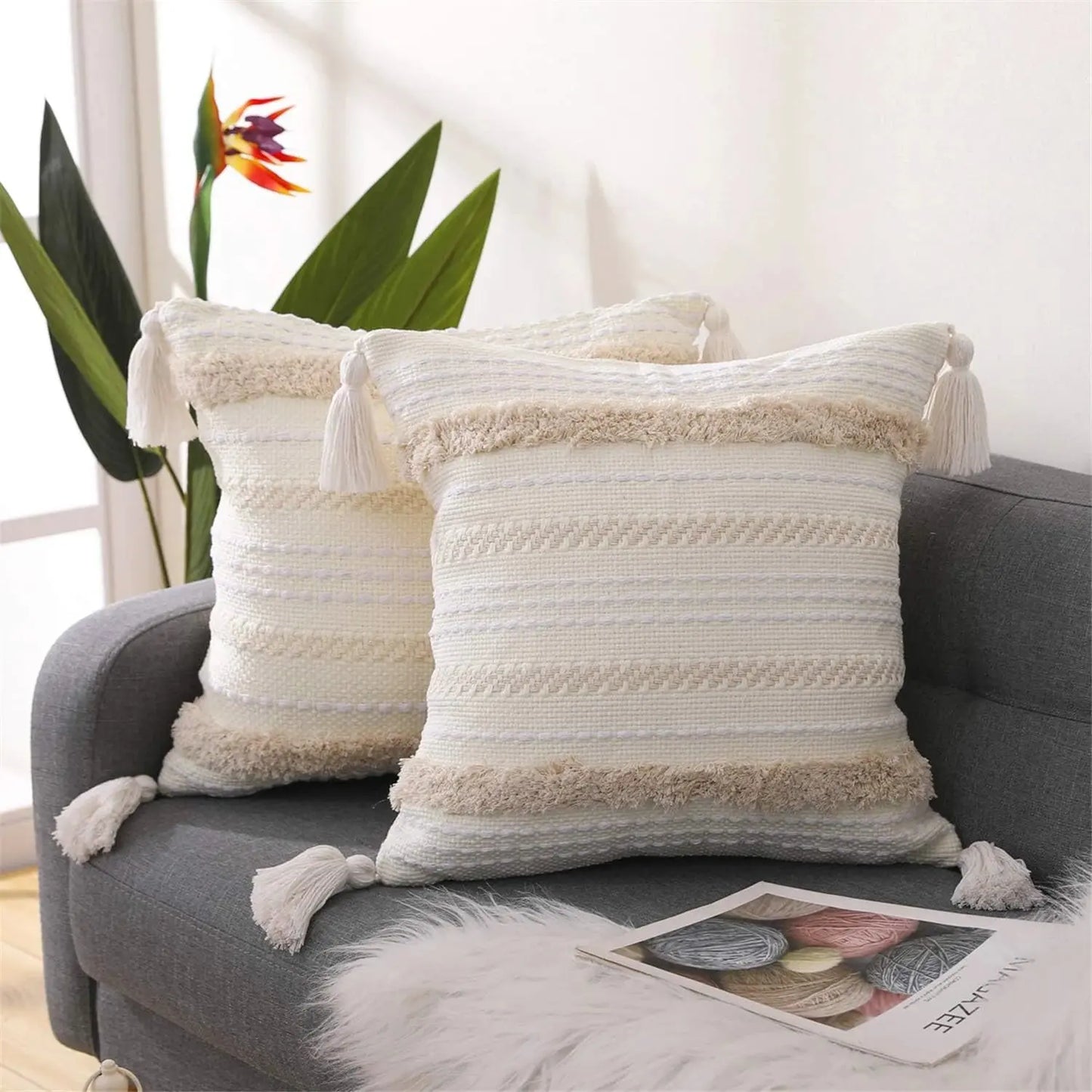 Tranquil Textures: Neutral Woven Tassel Cushion Cover Copper Pallas