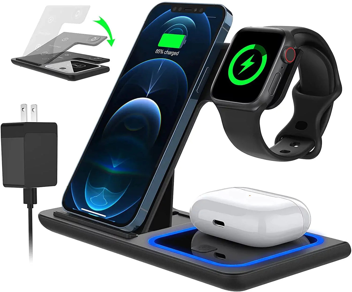 "Ultimate 3-in-1 Wireless Charging Station: 18W Fast Charger for iPhone 16/15/14/13/12/11 Pro Max, Apple Watch Series SE 10/9/8/7/6/5/4/3, AirPods Pro/3/2 - Includes QC3.0 Adapter!"