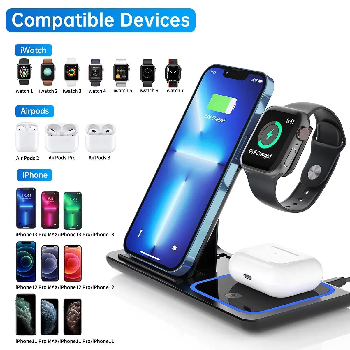 "Ultimate 3-in-1 Wireless Charging Station: 18W Fast Charger for iPhone 16/15/14/13/12/11 Pro Max, Apple Watch Series SE 10/9/8/7/6/5/4/3, AirPods Pro/3/2 - Includes QC3.0 Adapter!"