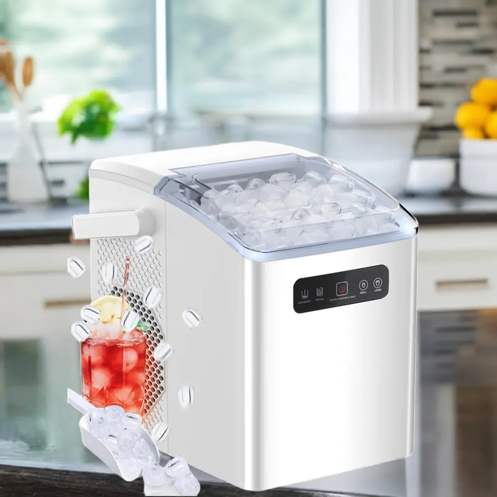 Countertop Self-Cleaning Portable Ice Maker. Engineered for convenience and efficiency, this sleek appliance delivers bullet-shaped ice cubes in just 6-8 minutes, ensuring you never run out during gatherings or hot summer days. Home Comfort