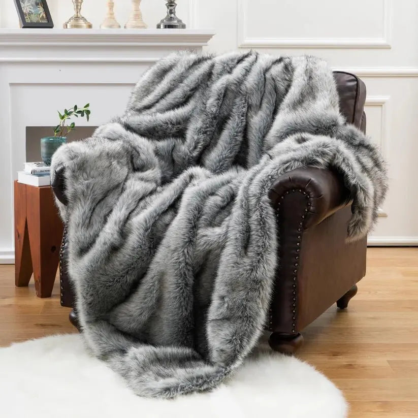 Indulge in Ultimate Softness Slate Faux Fur Throw Blanket - Cozy and Warm. Copper Pallas